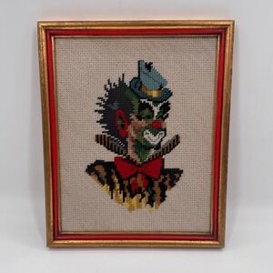 Vintage 1967 Framed Needlepoint Clown Art Mid-Century Folk Textile Wall Art